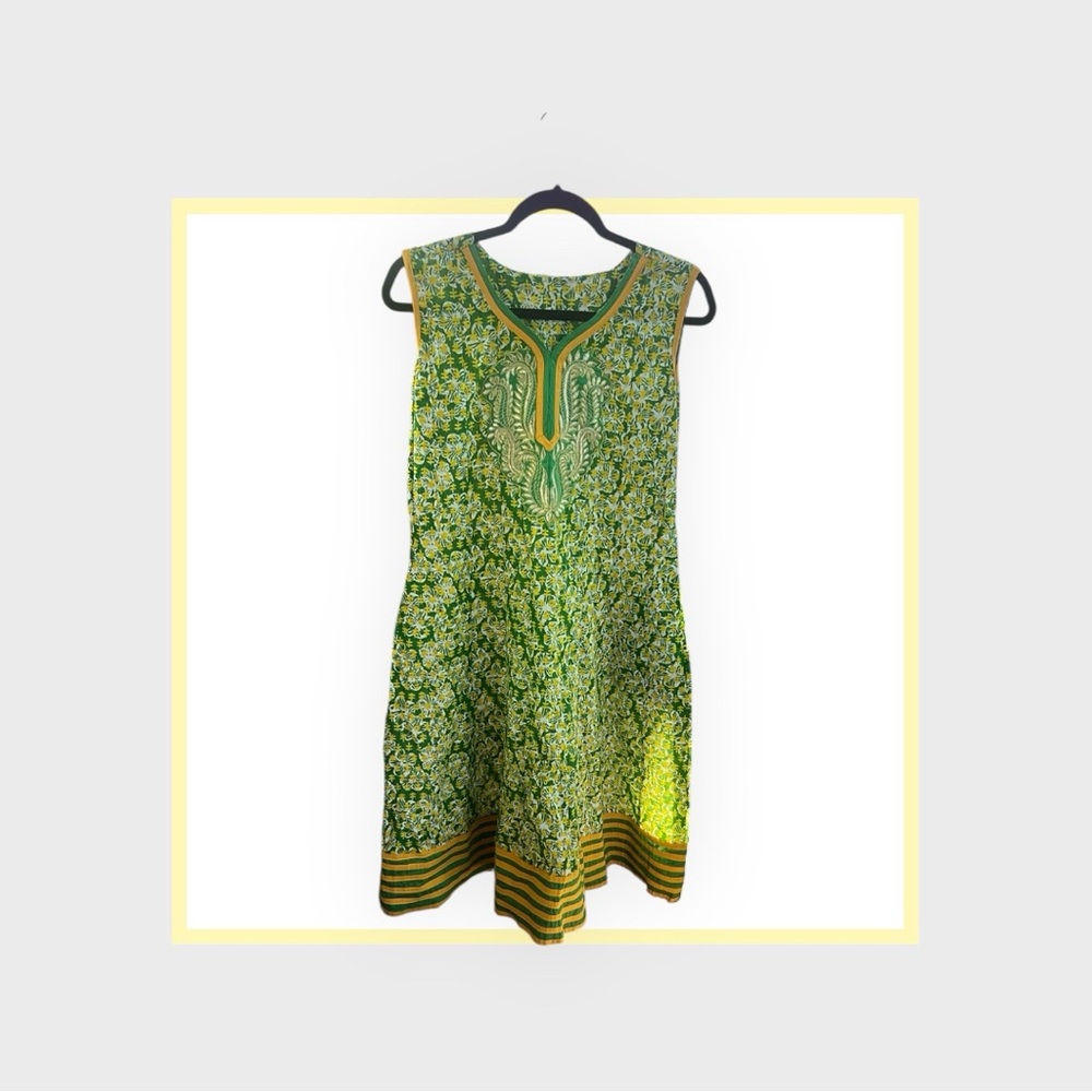 Vintage Floral Green and Yellow Sleeveless Sun Dress made in India